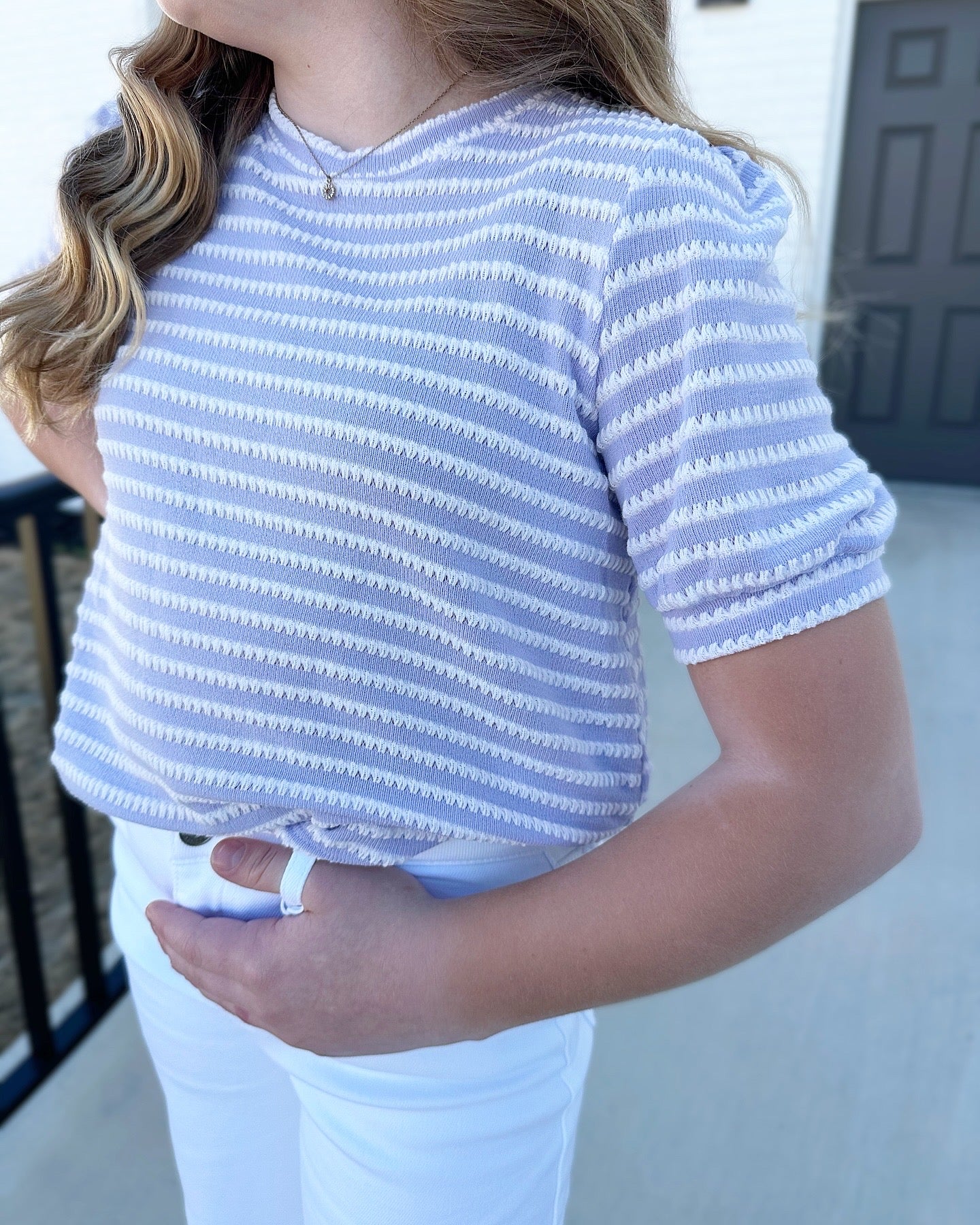 Ella Textured Stripe Puff Sleeve Knit Top