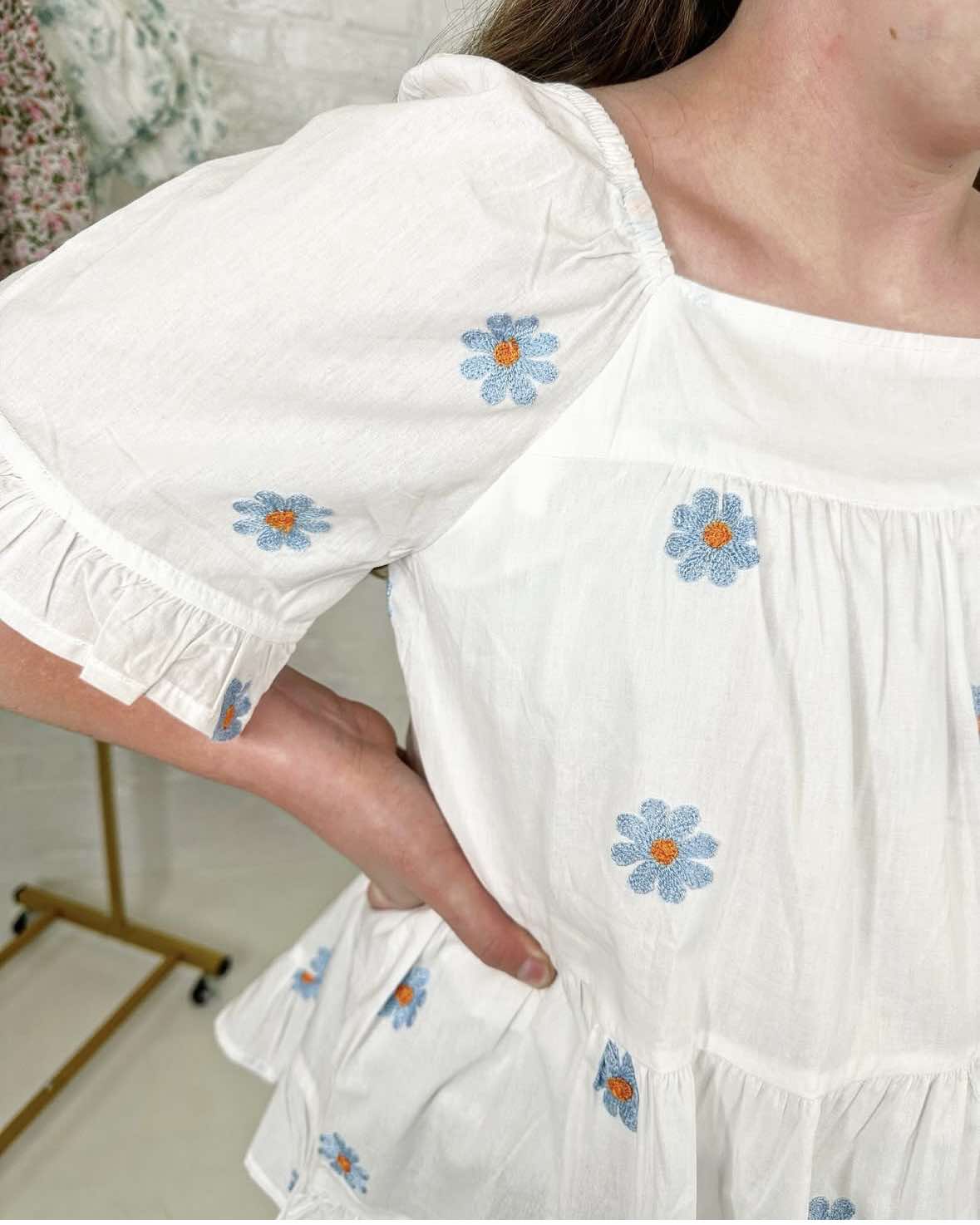 Tween Daisy Embroidered Square Neck Top
