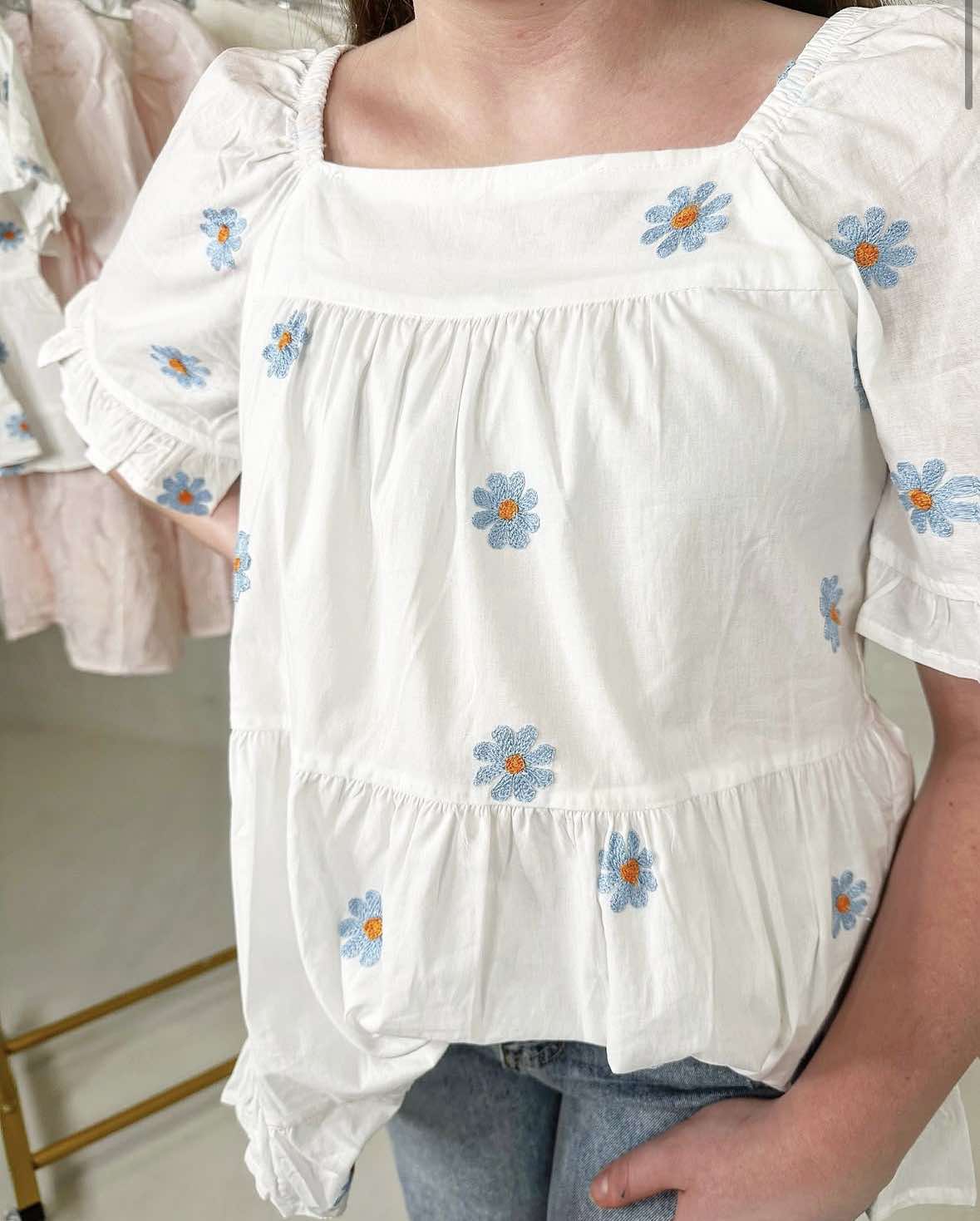 Tween Daisy Embroidered Square Neck Top