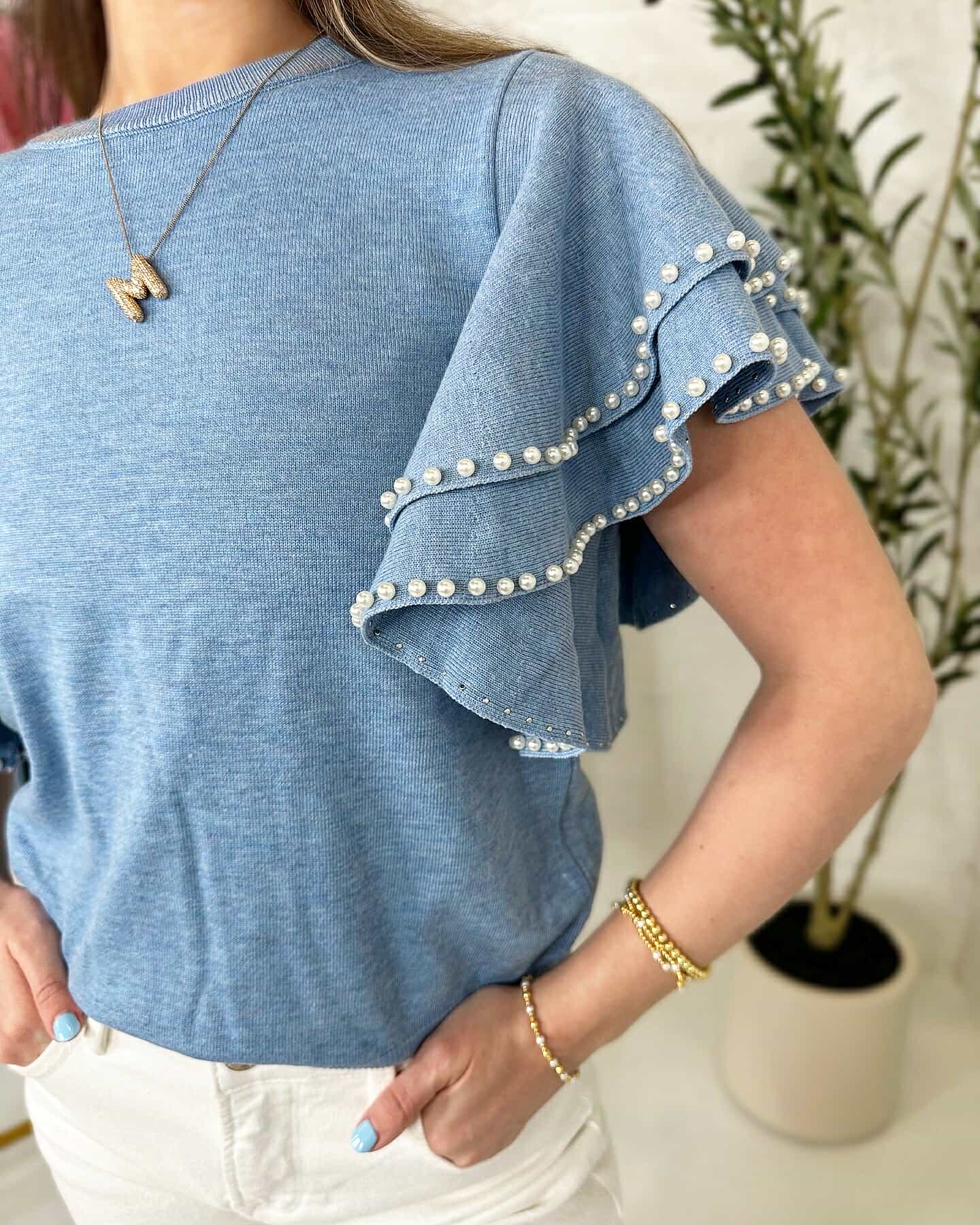 Anna Pearl Sleeve Top in Blue