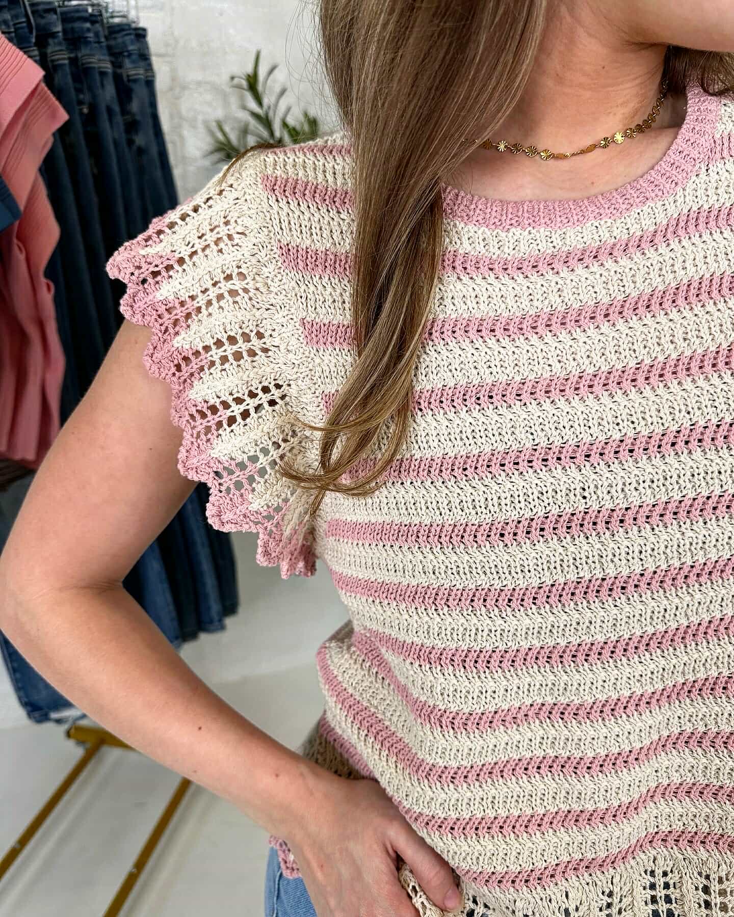 Amy Crochet Top in Pink Stripe