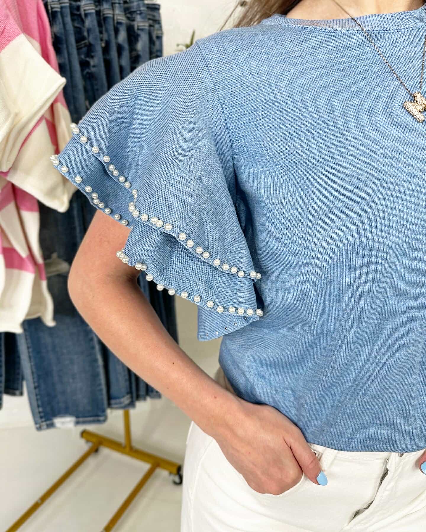 Anna Pearl Sleeve Top in Blue