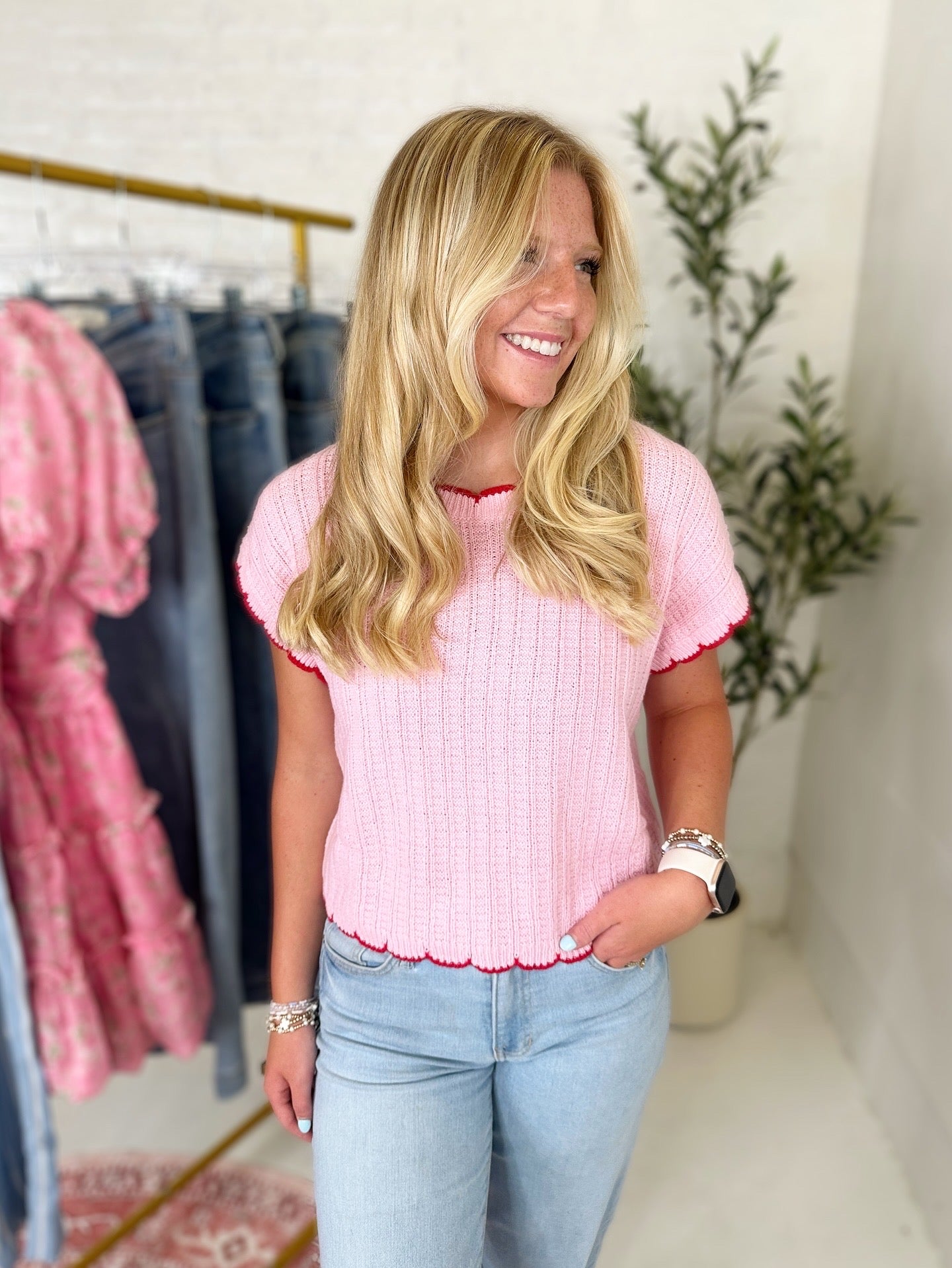 Scallop Edge Detail Pointelle Sweater Top