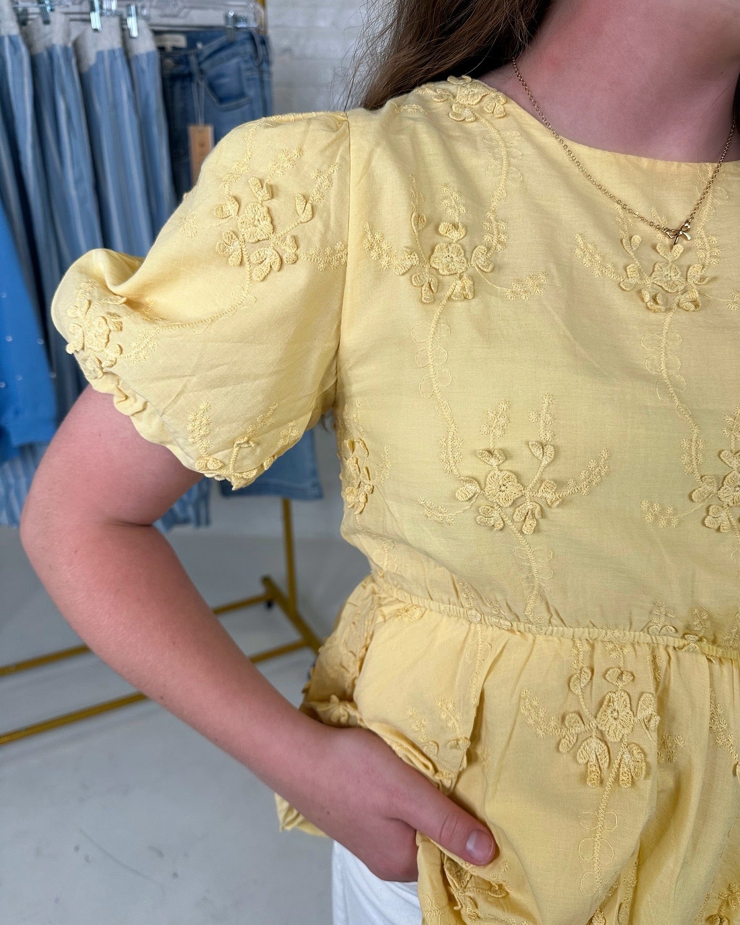 Carly Floral Eyelet Peplum Top in Yellow