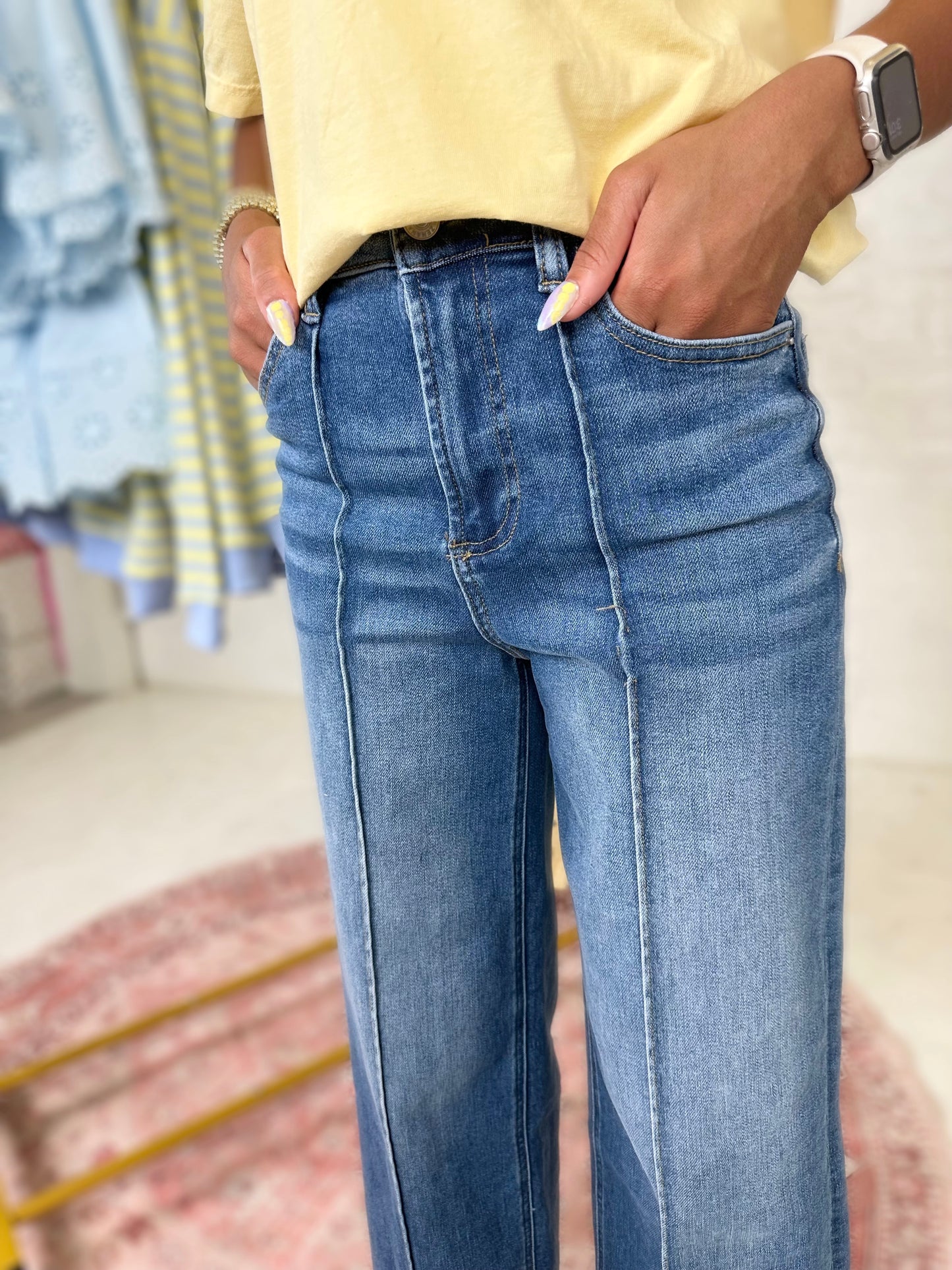 High Rise Wide Leg Pintuck Denim Pants