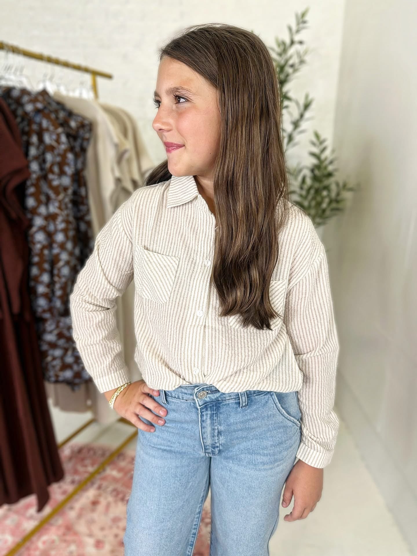 Jamie Button Down Top in Cream Stripe