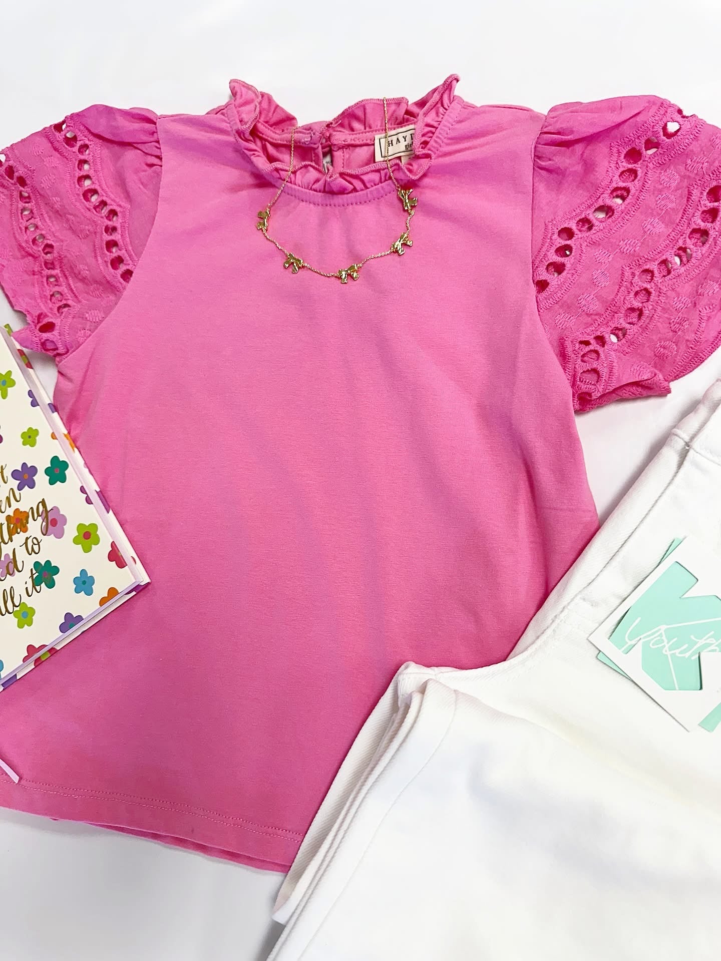 Sadie Eyelet Scallop Top in Pink