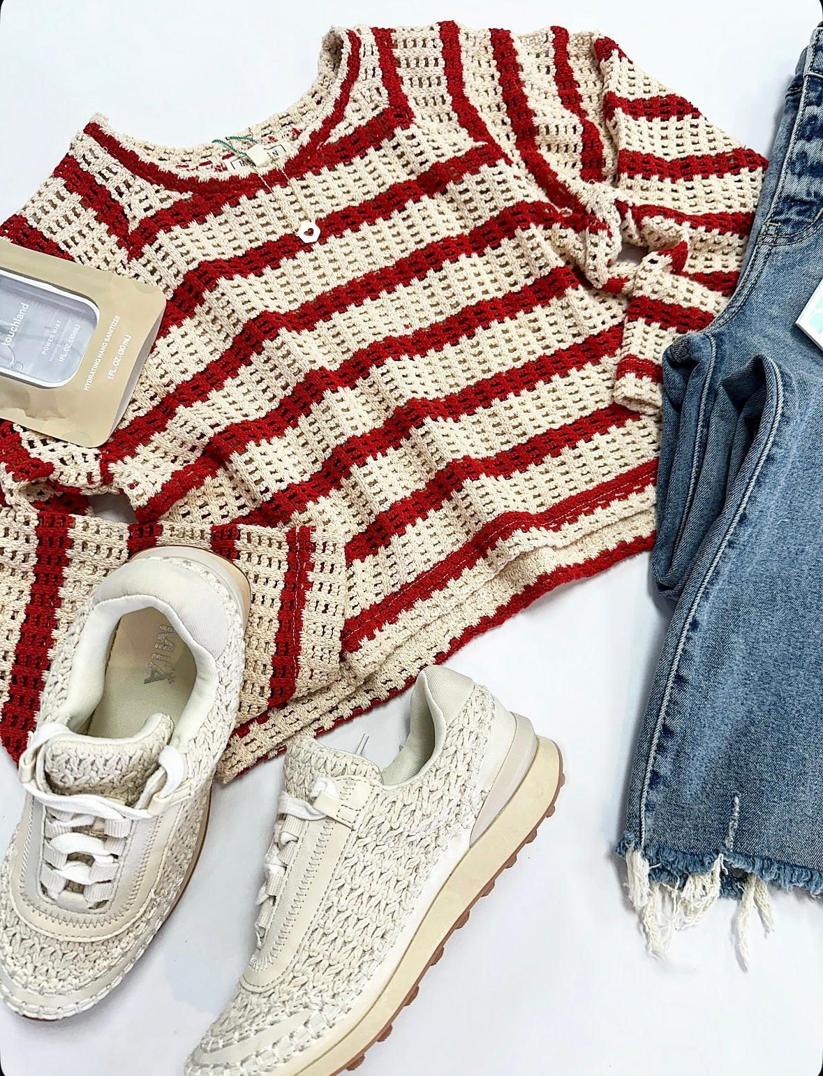 Ellie Crochet Sweater Top in Red Stripe