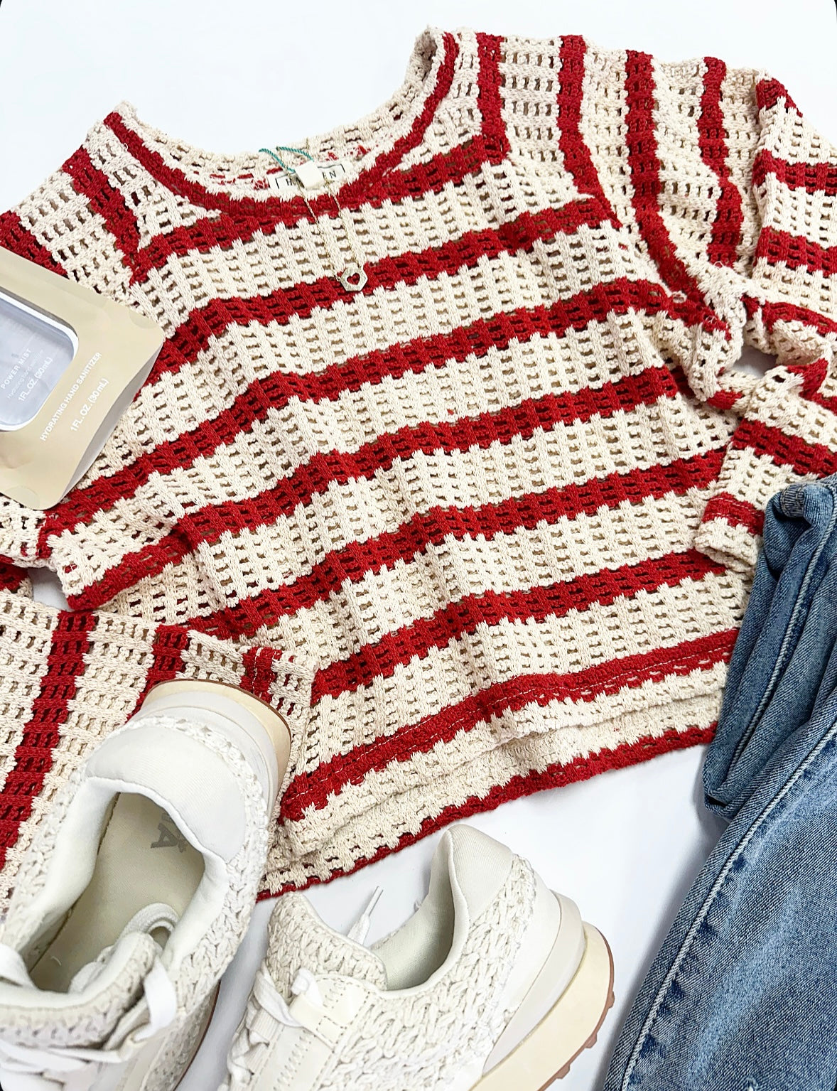 Ellie Crochet Sweater Top in Red Stripe