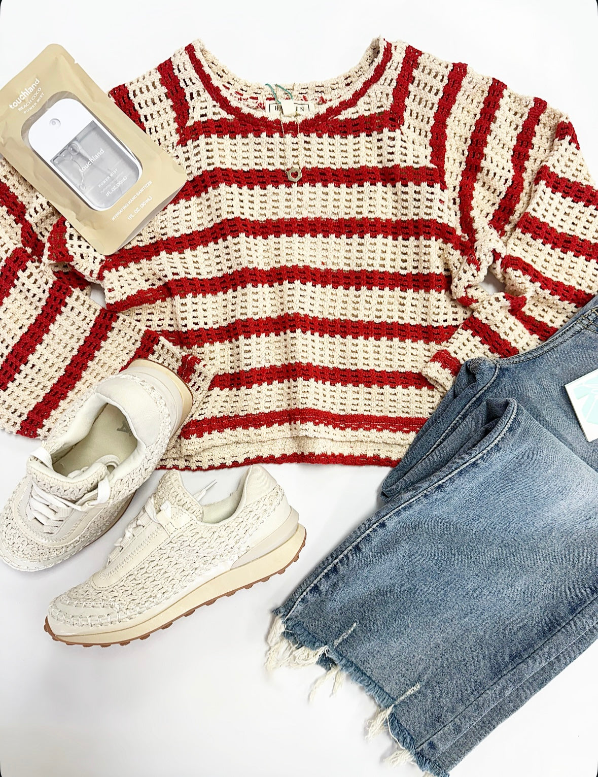 Ellie Crochet Sweater Top in Red Stripe
