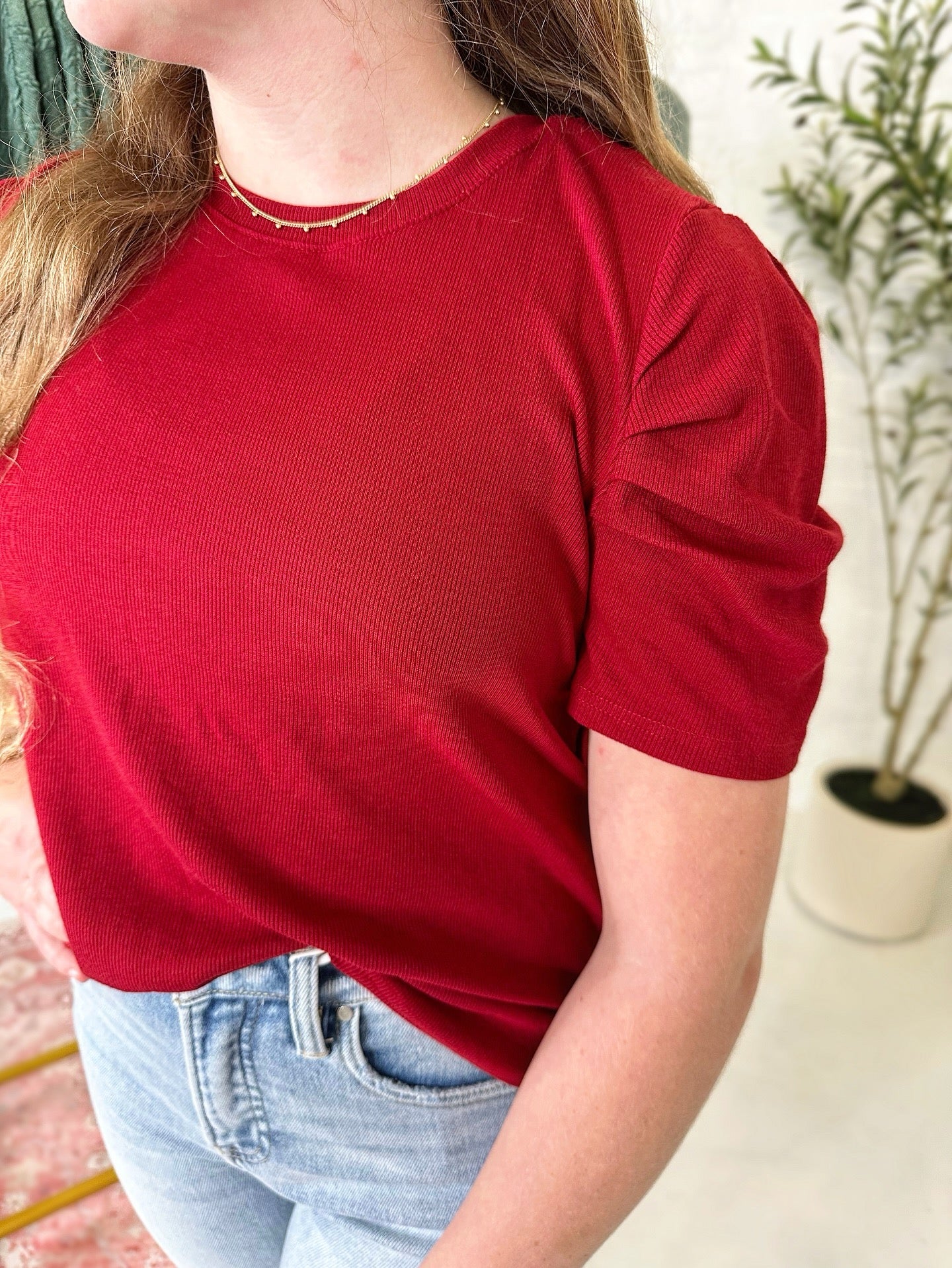 Ava Puff Sleeve Top in Red