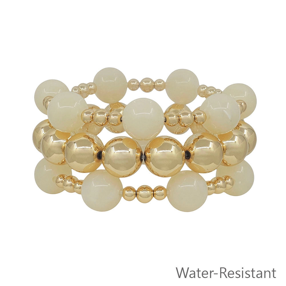 Water Resistant Set of 3 White 14mm Beaded Stretch Bracelets