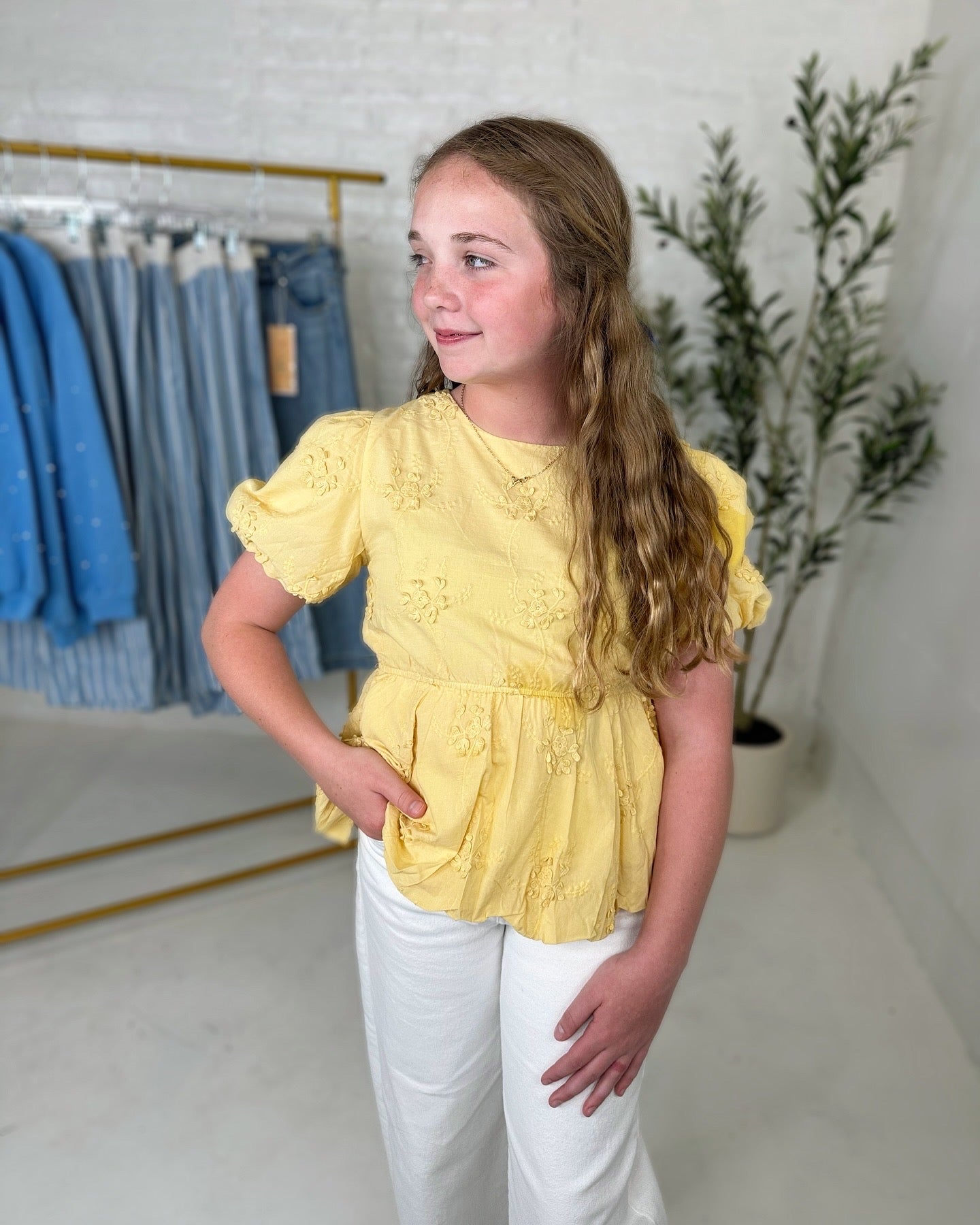 Carly  Floral Eyelet Peplum Top in Yellow