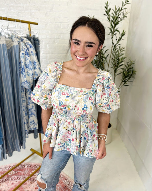 Layla Top in Blue/Pink Floral