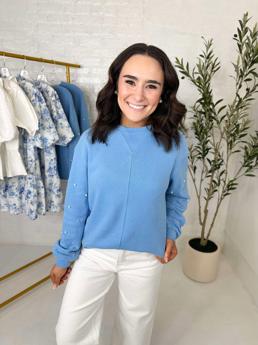 Drop Shoulder Pearl Sweatshirt in Blue