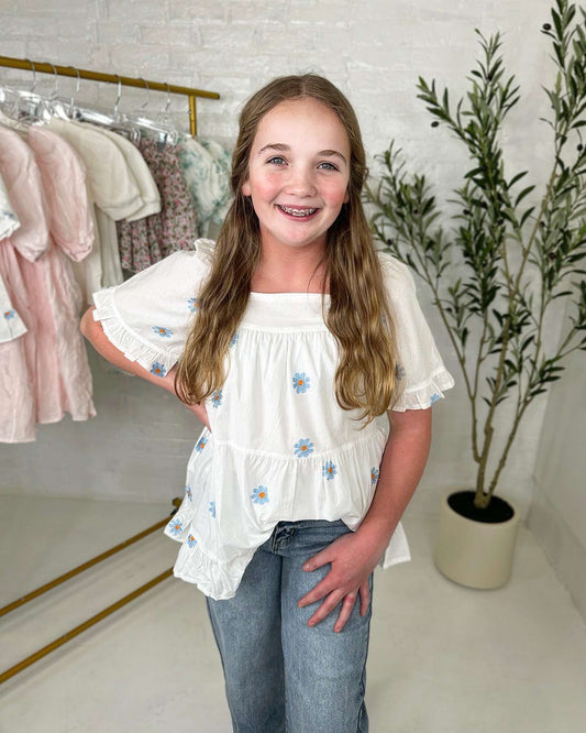 Tween Daisy Embroidered Square Neck Top