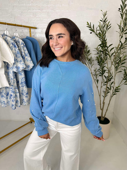 Drop Shoulder Pearl Sweatshirt in Blue