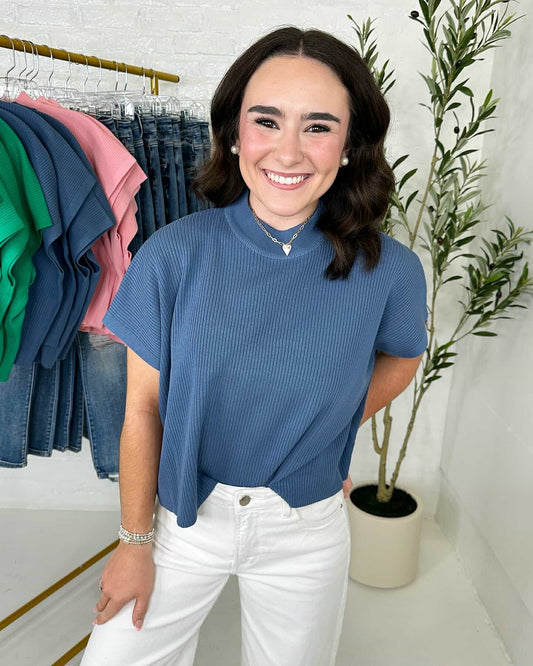 Mock Neck Boxy Top in Blue