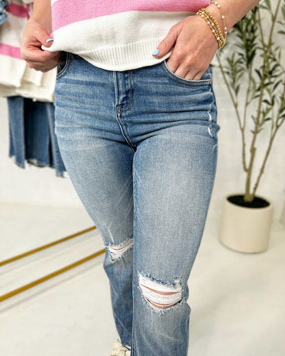 High Rise Distress Ankle Straight Jean