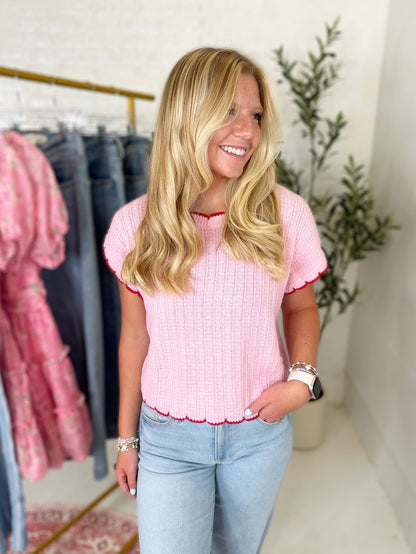 Scallop Edge Detail Pointelle Sweater Top