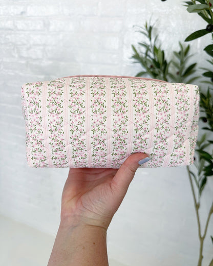 Quilted Floral Design Cosmetic Bag in Pink