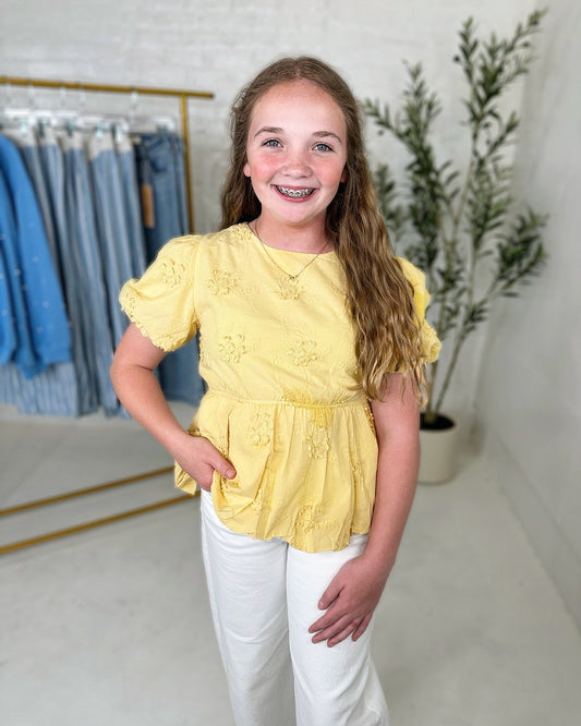 Carly  Floral Eyelet Peplum Top in Yellow