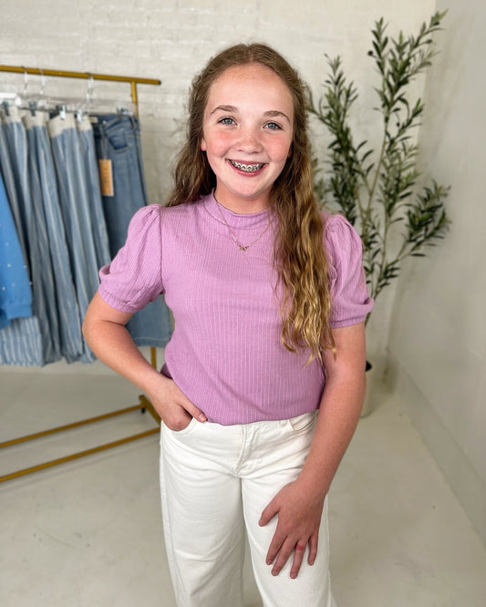 Mallie Textured Puff Sleeve Top in Purple