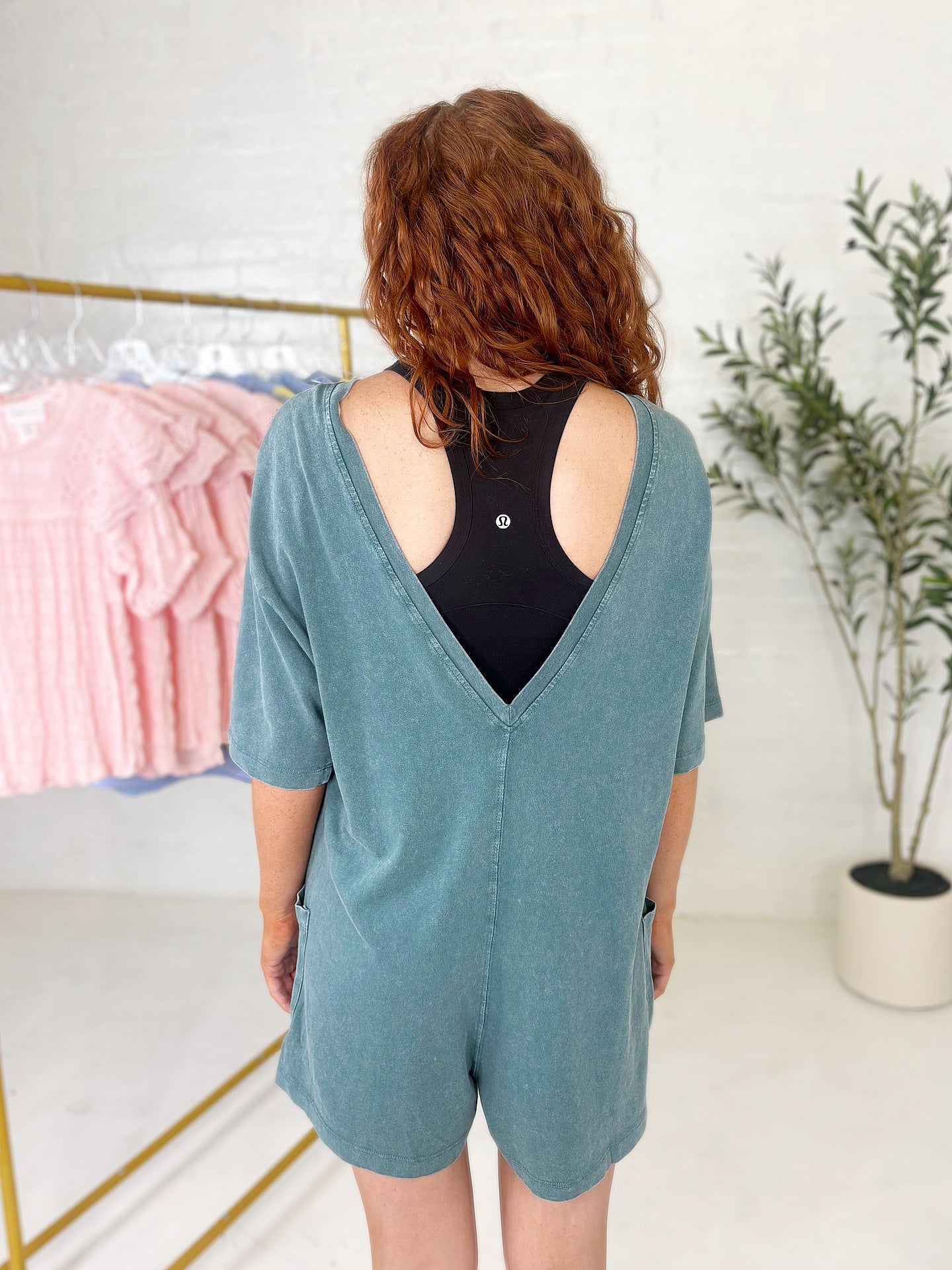 Mineral Wash V-Back Romper in Teal