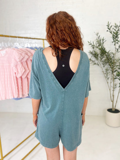 Mineral Wash V-Back Romper in Teal