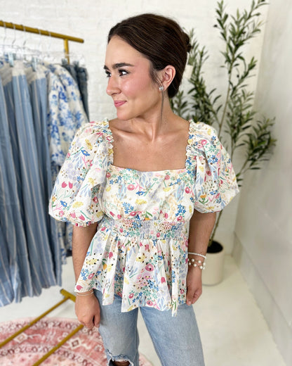 Layla Top in Blue/Pink Floral