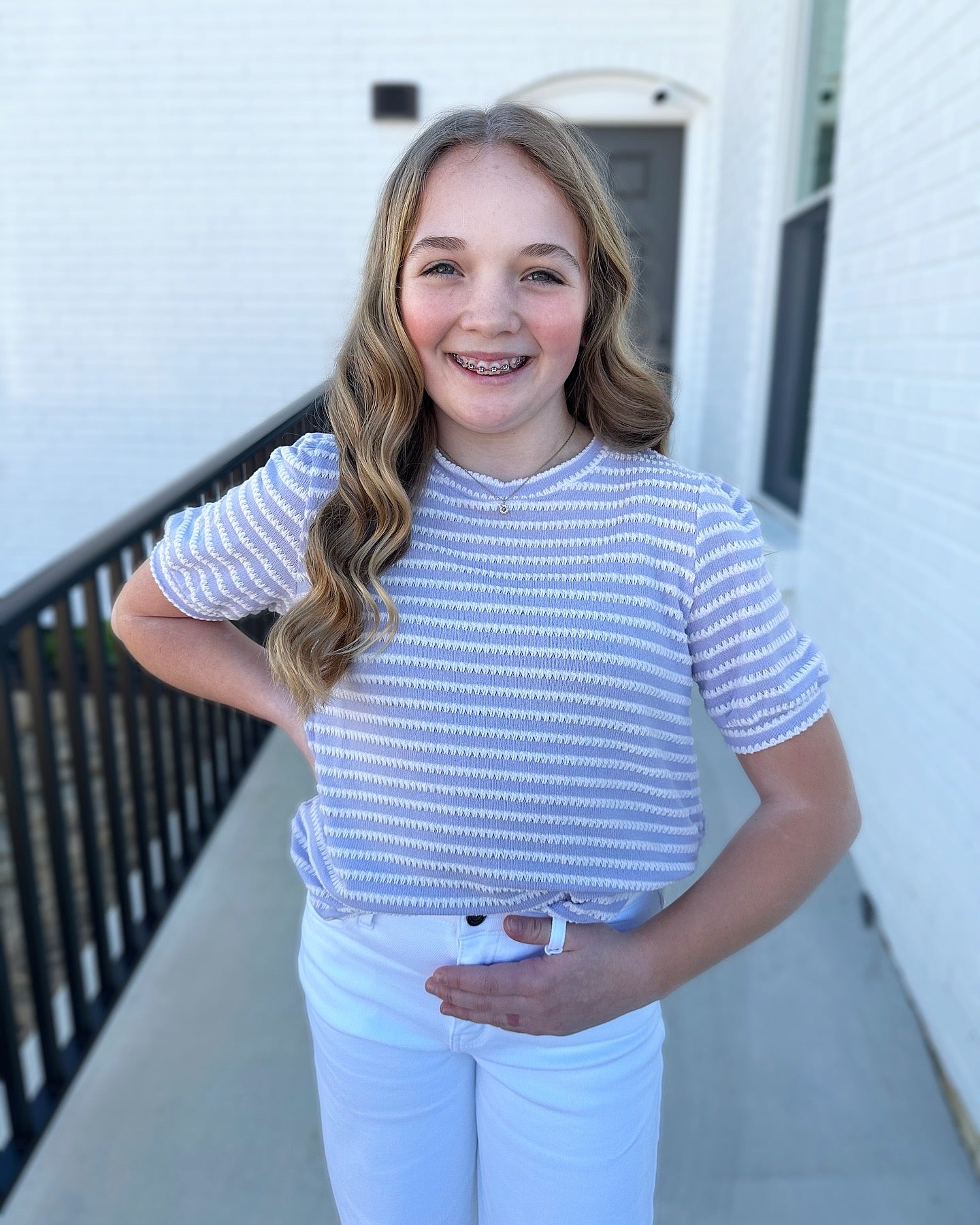 Ella Textured Stripe Puff Sleeve Knit Top