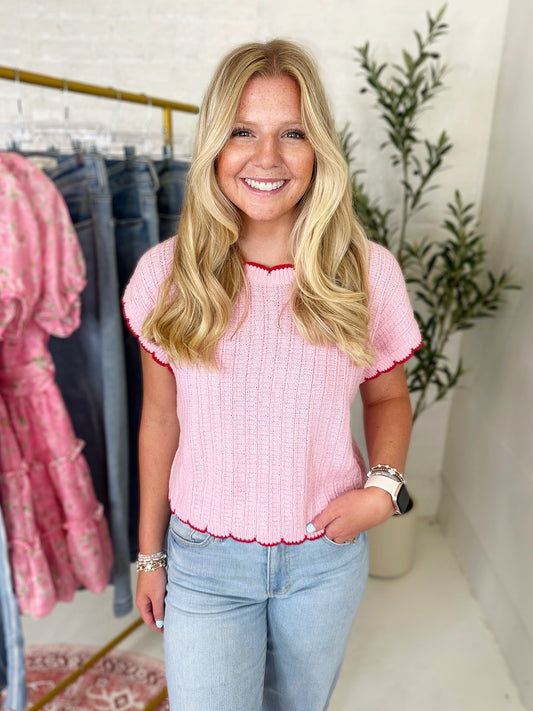 Scallop Edge Detail Pointelle Sweater Top