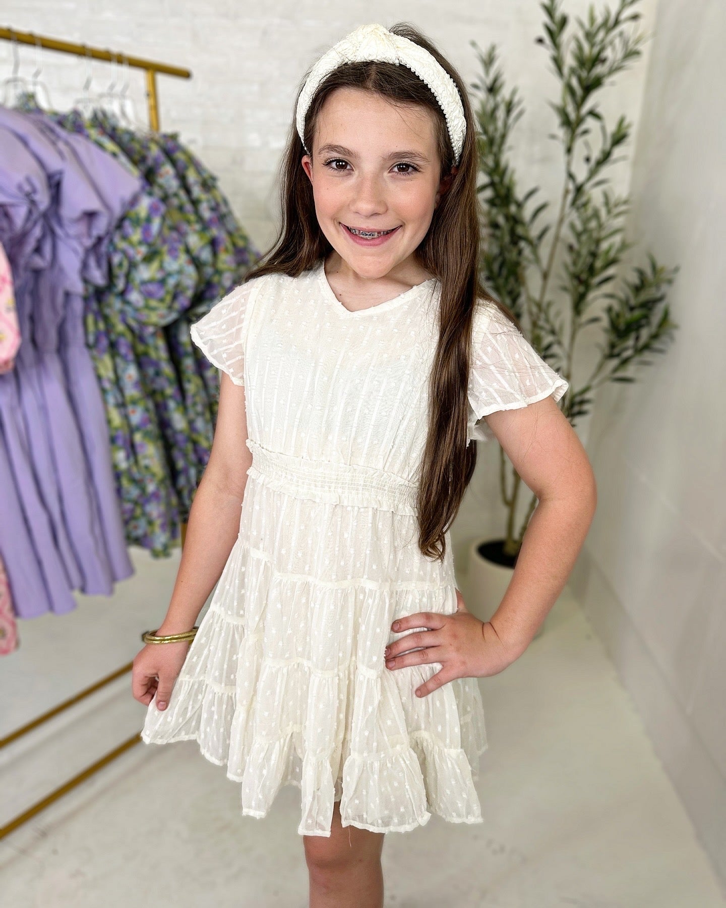 Jayla Smocked Waist Swiss Dot Dress in Cream