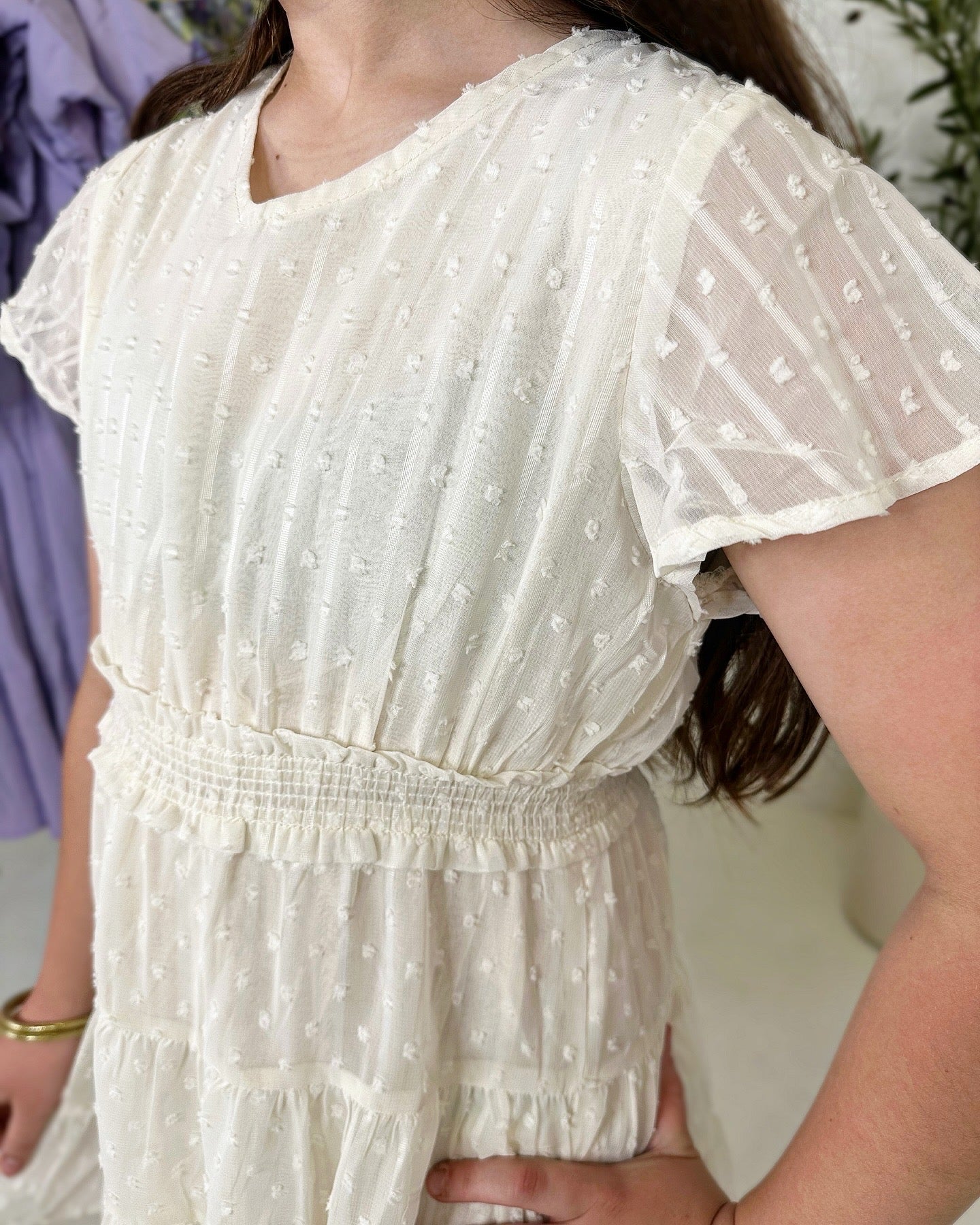 Jayla Smocked Waist Swiss Dot Dress in Cream
