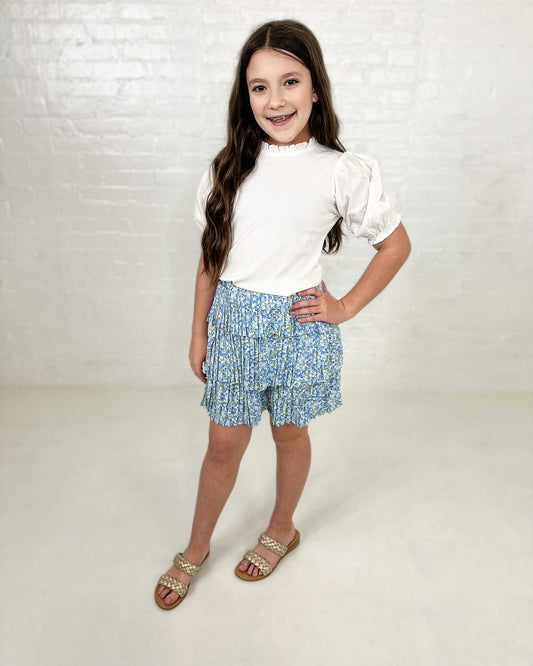 Mary Floral Pleated Tiered Skirt in Blue