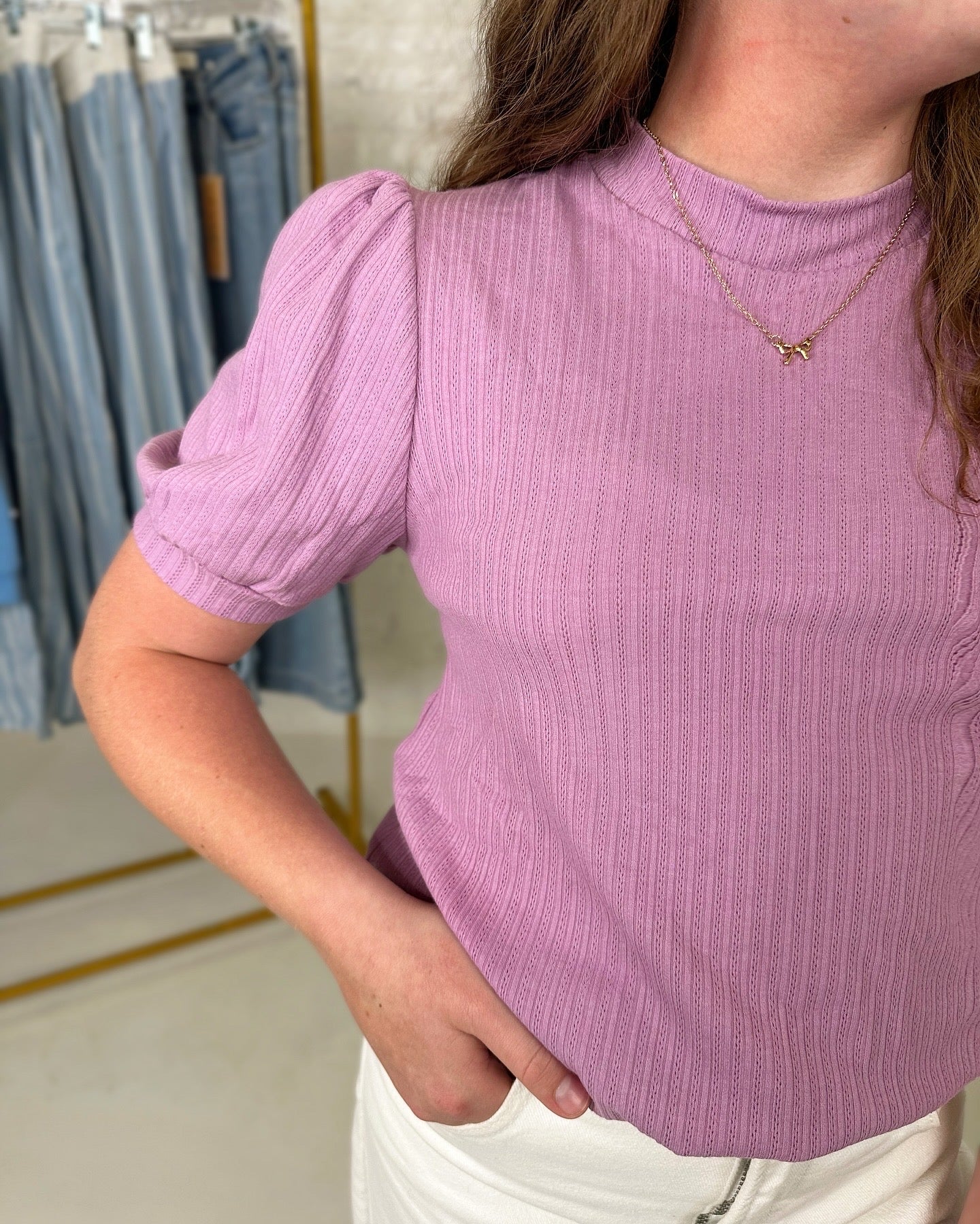 Mallie Textured Puff Sleeve Top in Purple