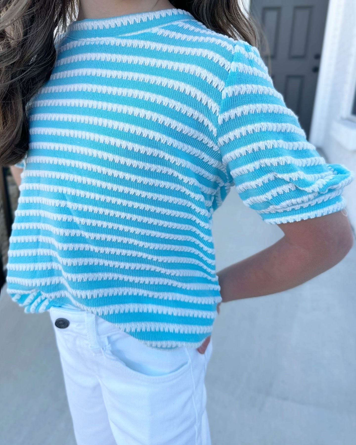 Ella Textured Stripe Puff Sleeve Knit Top
