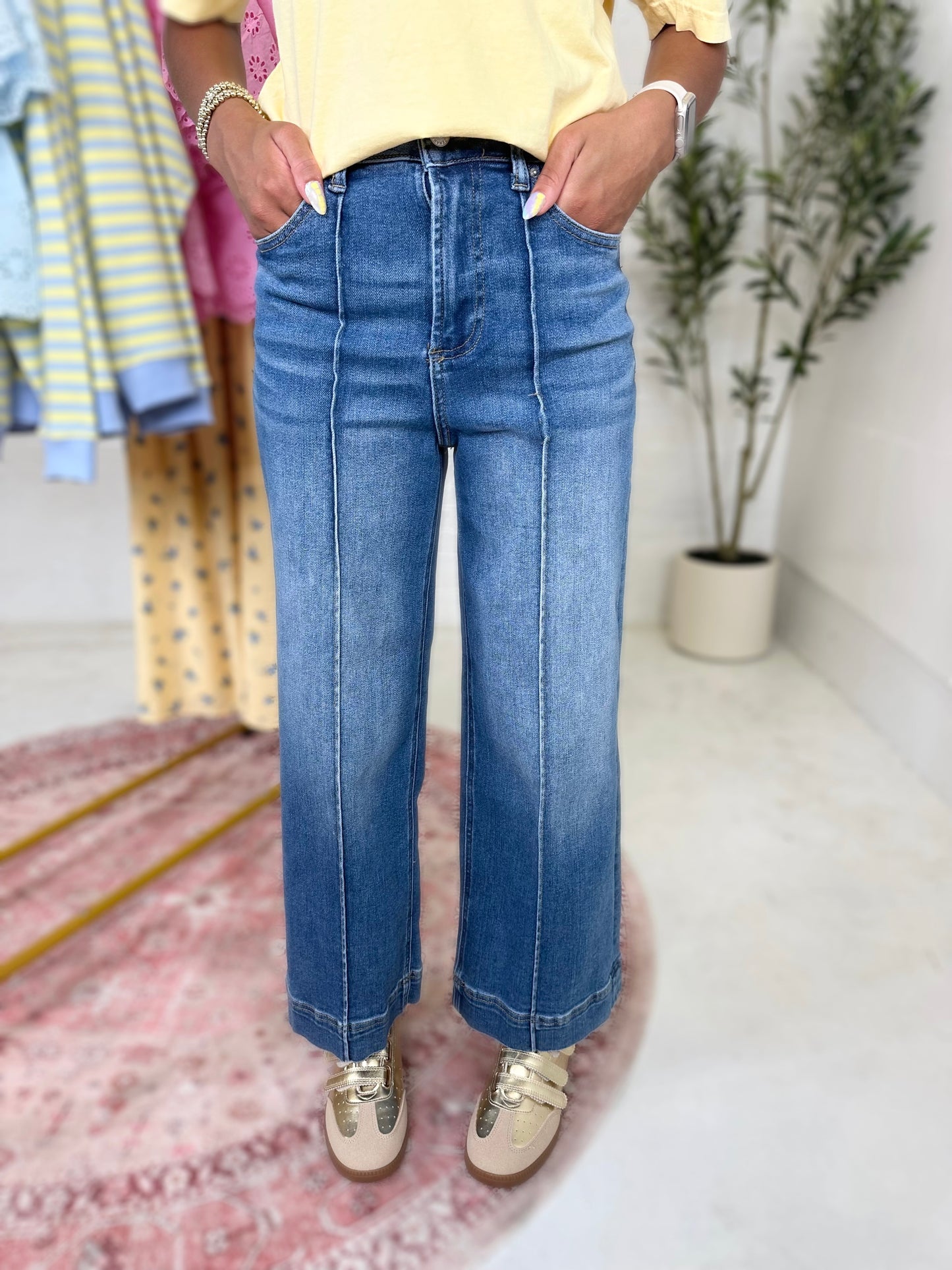High Rise Wide Leg Pintuck Denim Pants