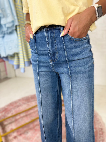 High Rise Wide Leg Pintuck Denim Pants