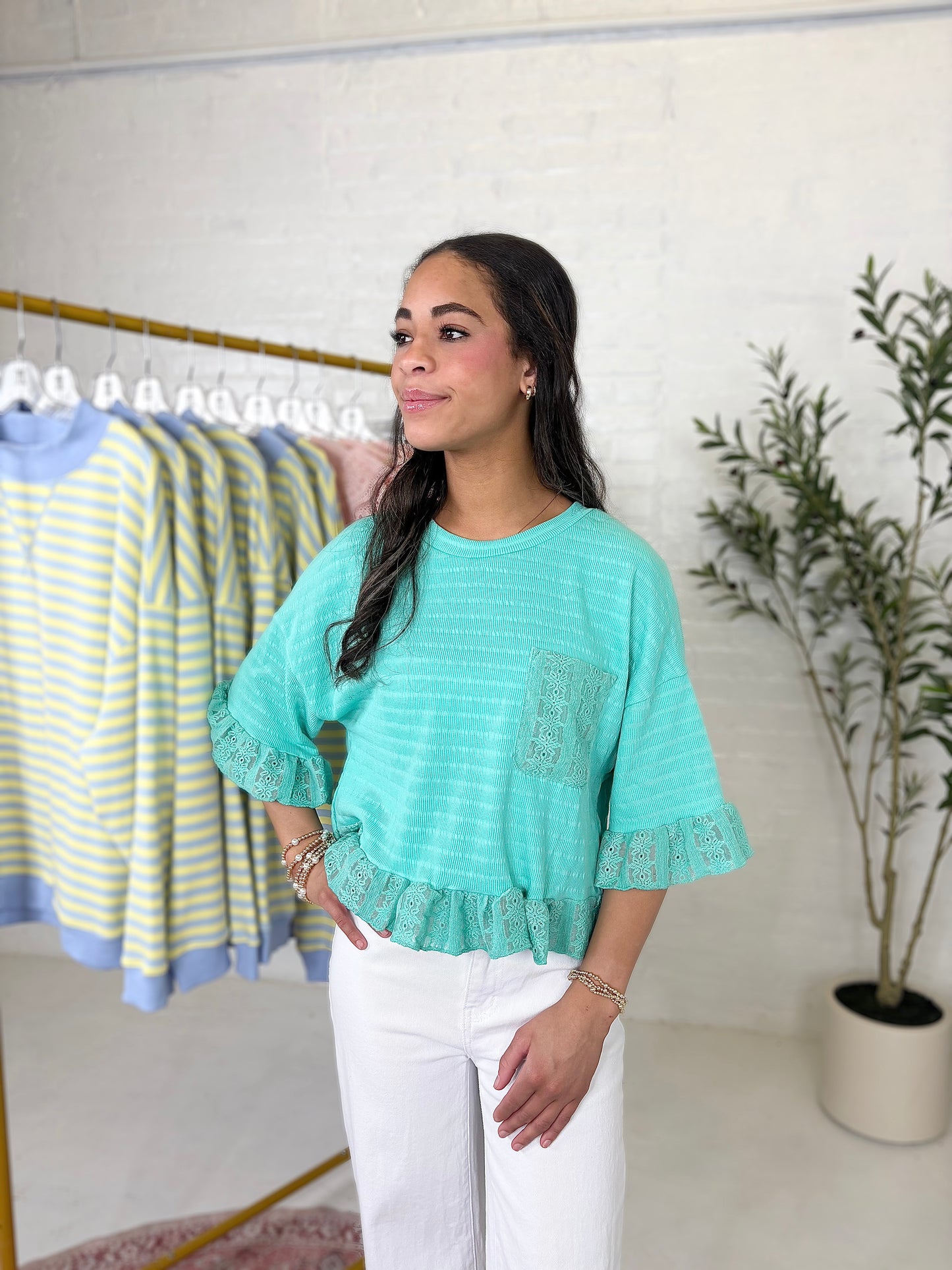 Cassie Lace Pocket Top in Seafoam