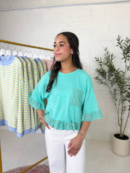 Cassie Lace Pocket Top in Seafoam