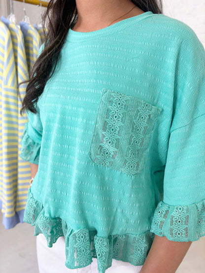 Cassie Lace Pocket Top in Seafoam