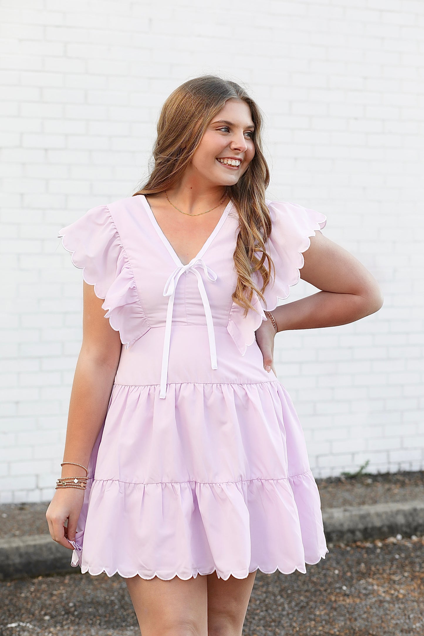 Emily Bow Detail Scalloped Dress in Purple