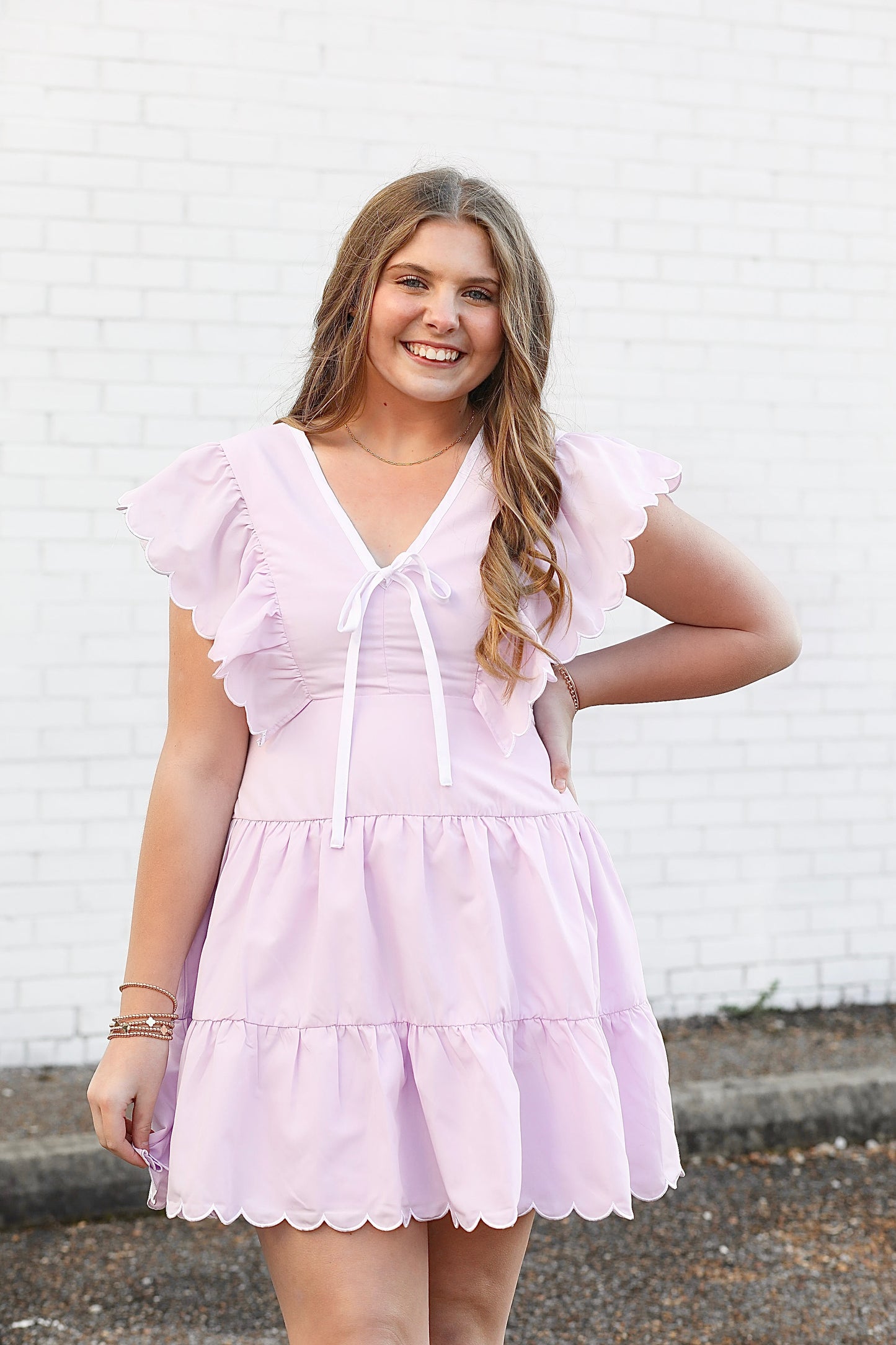 Emily Bow Detail Scalloped Dress in Purple