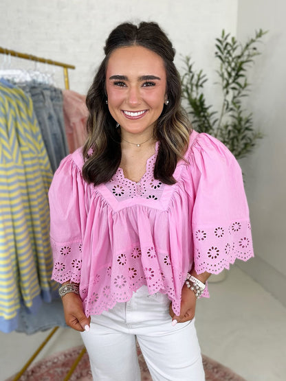 Bree Eyelet Top in Pink