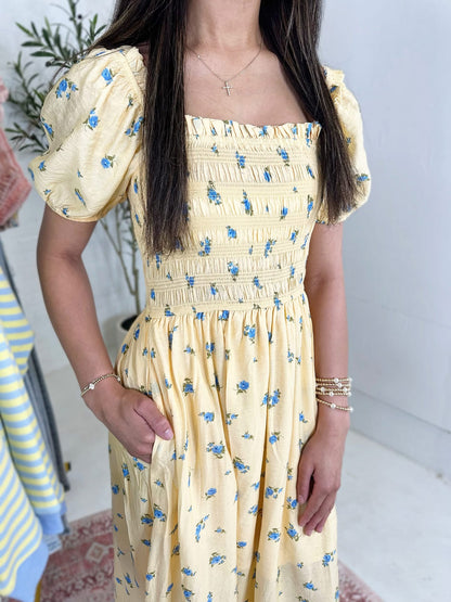 Kinsley Midi Dress in Yellow Floral