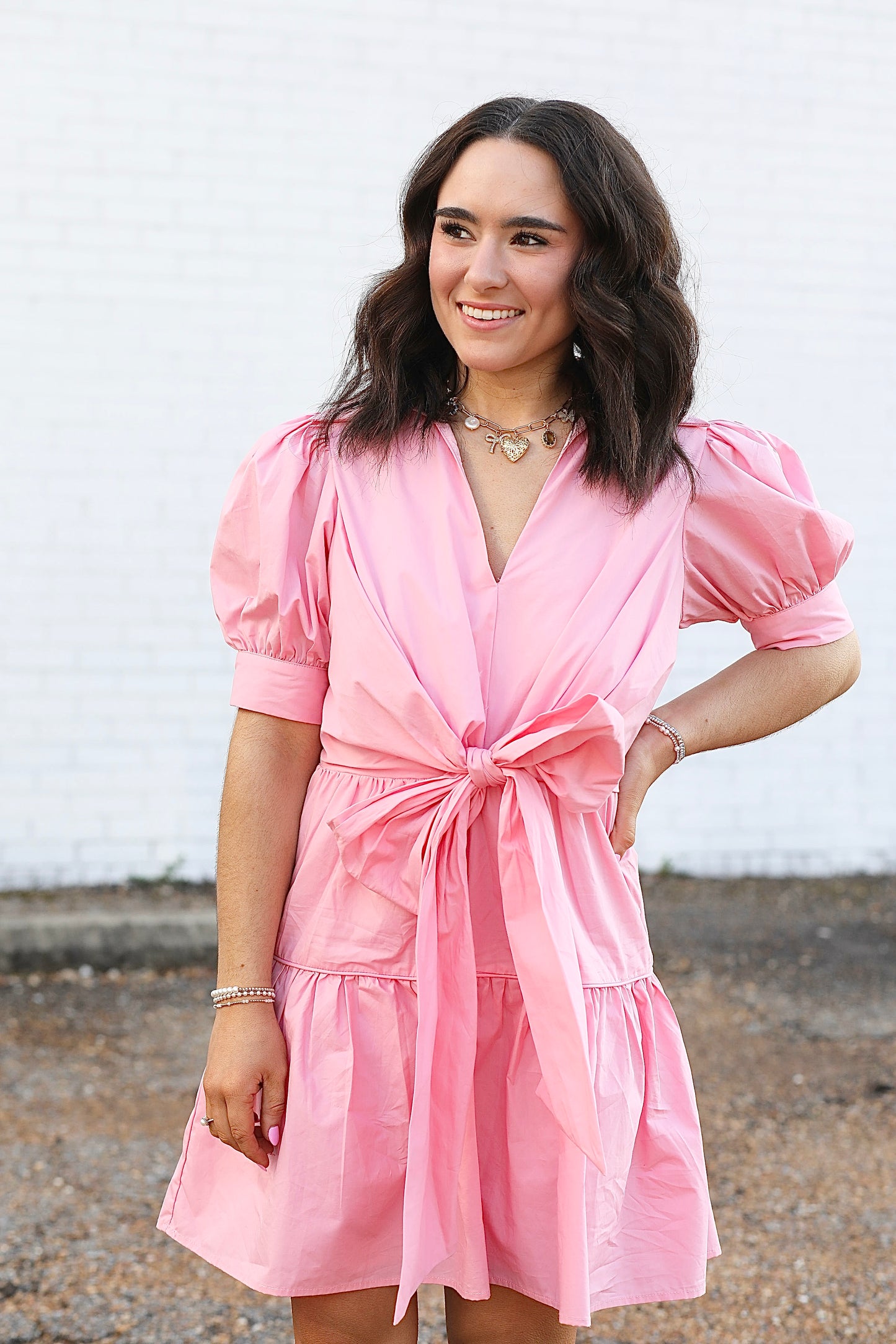 Victoria Waist Bow Dress in Pink