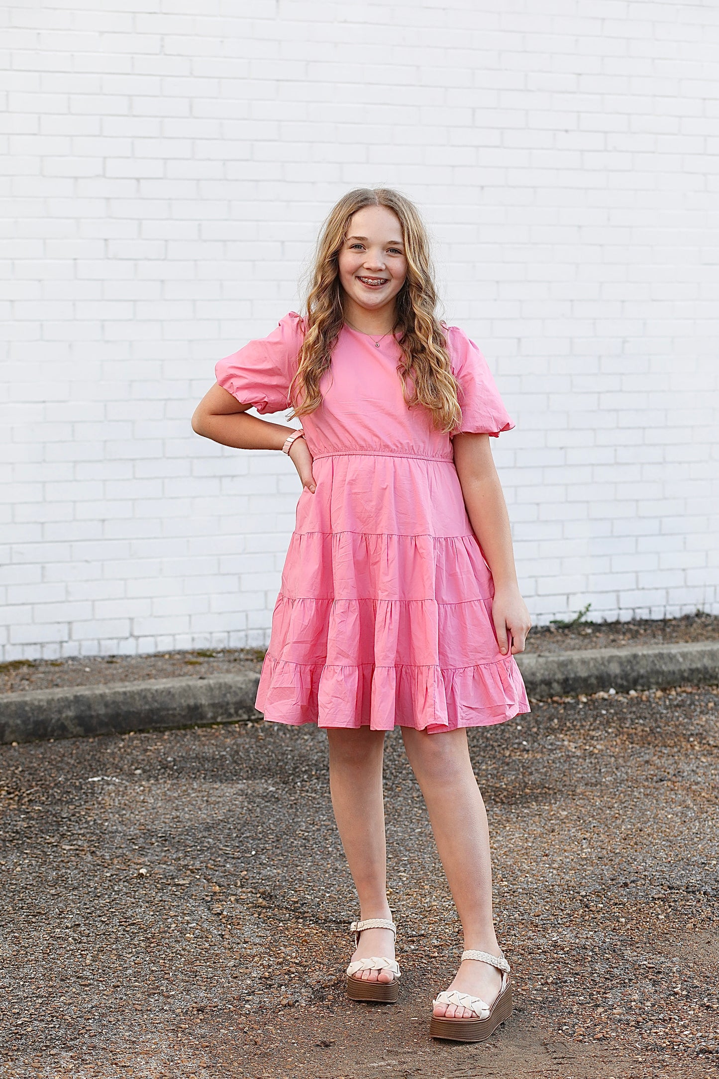 Chaney Bow Puff Sleeve Poplin Dress in Pink