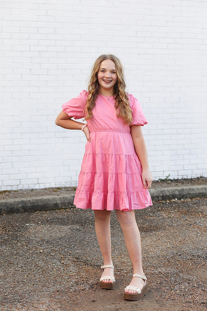 Chaney Bow Puff Sleeve Poplin Dress in Pink