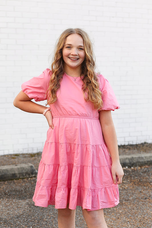 Chaney Bow Puff Sleeve Poplin Dress in Pink